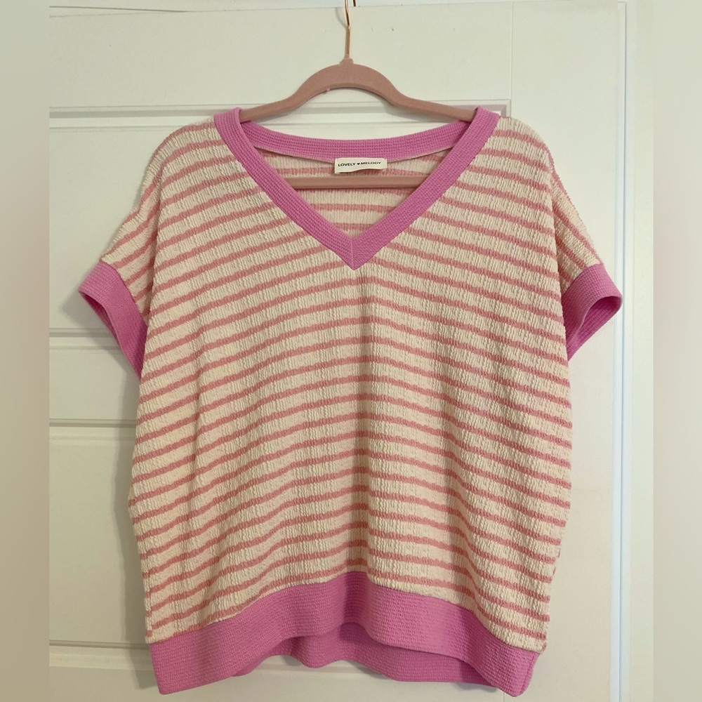 Lovely Melody Pink & Cream Striped V-Neck Short Sleeve Sweater